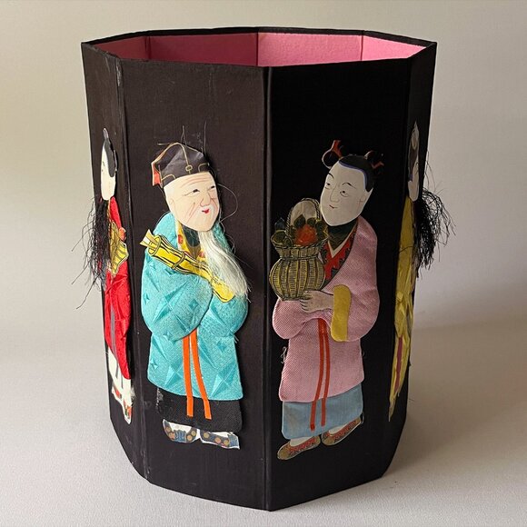 Vintage Chinese Immortals Folding Paper Basket Silk & Paper Asian Decor - Picture 2 of 11